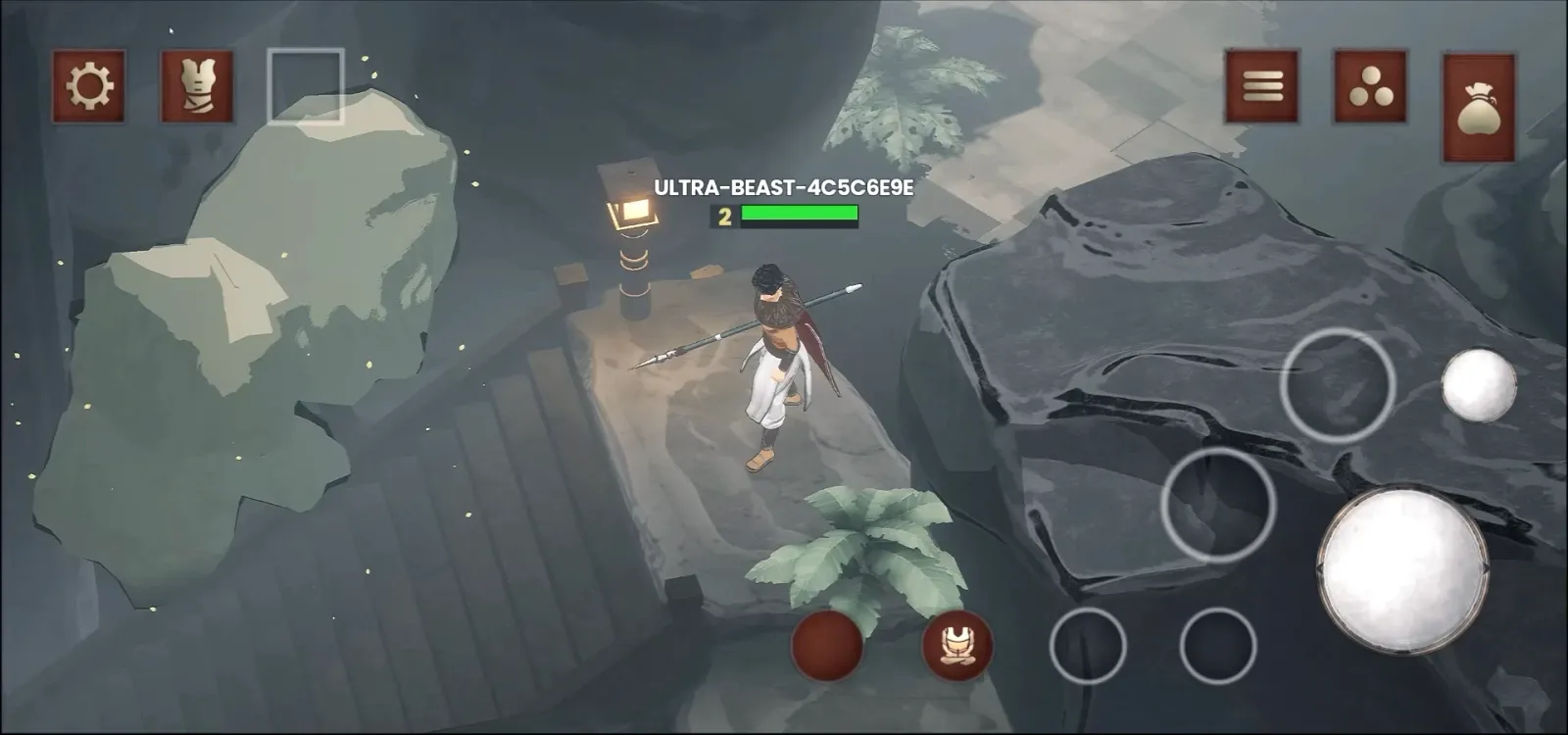 VÕ prototype image: a spear-bearing character on a stone path beside a lantern and cliff.