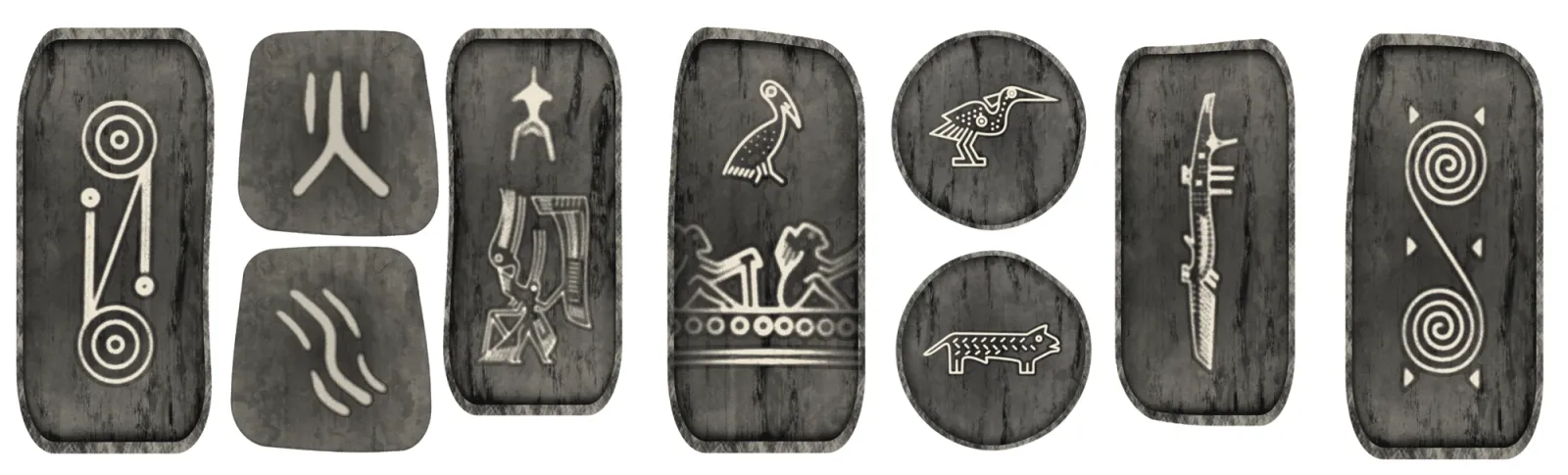 Carved tablets with white line glyphs: birds, spirals and waves.