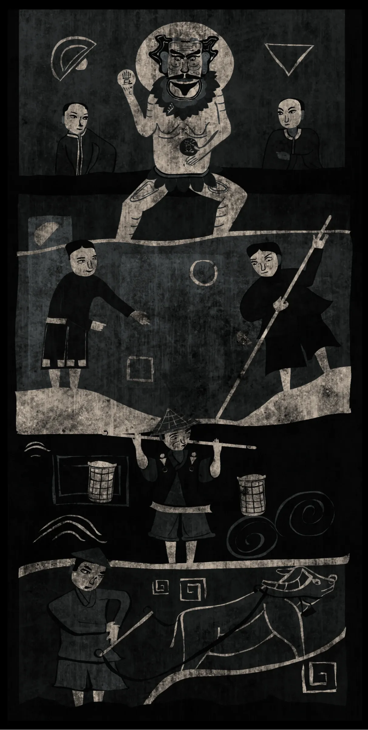 A woodcut-style illustration in black and cream: a bearded figure above villagers at work.