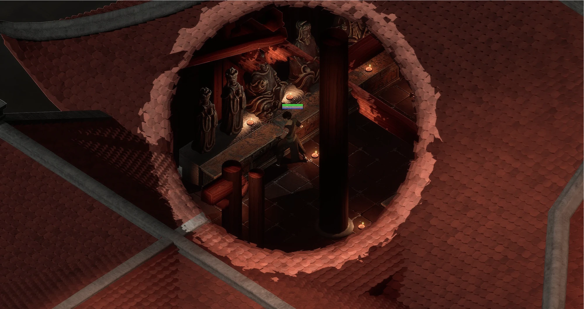 A character in a red-tiled corridor from the VÕ prototype.