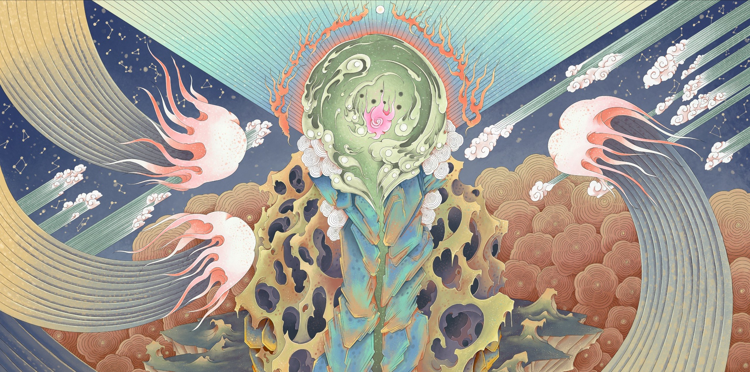 Khởi Kỷ story art: multicoloured streams of spiritual energy.