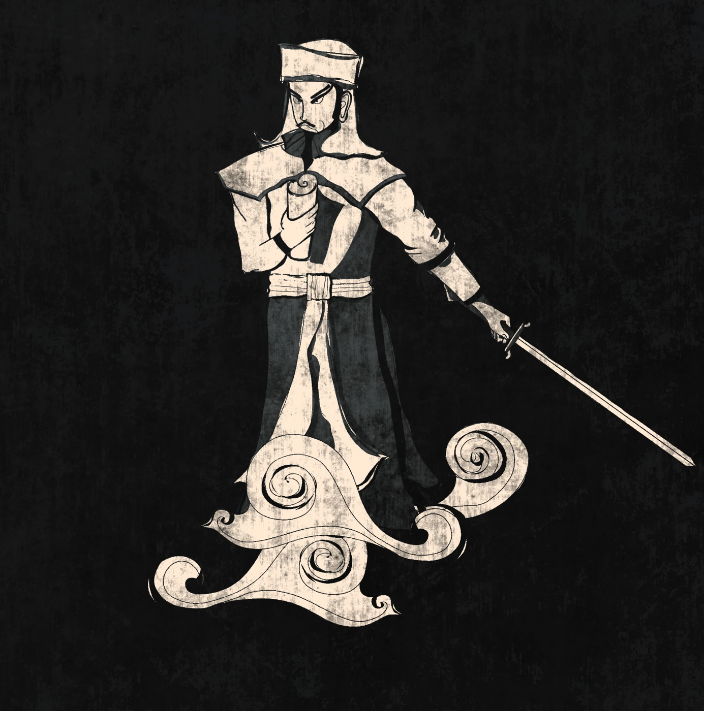 A stylized sword-bearing character standing on cloud lines, white on black.